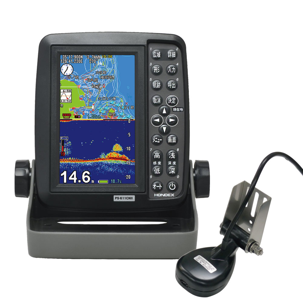  <br>ホンデックス 5型ワイド GPS 魚探 PS-611CNII GPSアンテナ内蔵 ディープ仕様 TD25振動子セット 100W 魚群探知機
