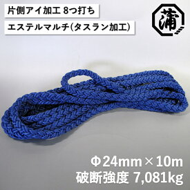 蒲印 もやいロープ φ24mm 10m 8つ打ち クロスロープ 片側アイ加工 C2T-E エステルマルチ 係留ロープ 係船ロープ HANT ハント ロープ