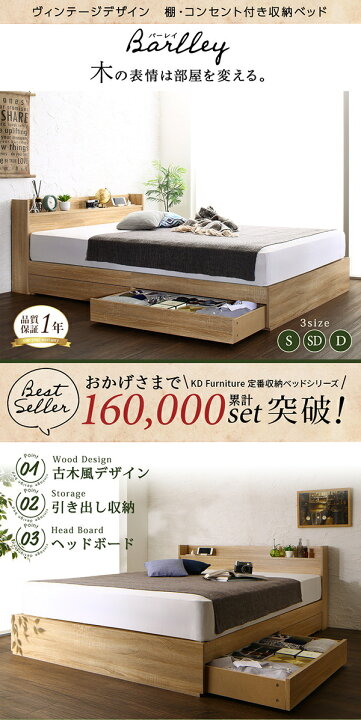 楽天市場】ヴィンテージデザイン 棚・コンセント付き収納ベッド Barlley バーレイ ベッドフレームのみ シングル 古木風デザイン ヘッドボード 木目 左右入れ替え 引き出し収納 : 激安輸入雑貨店