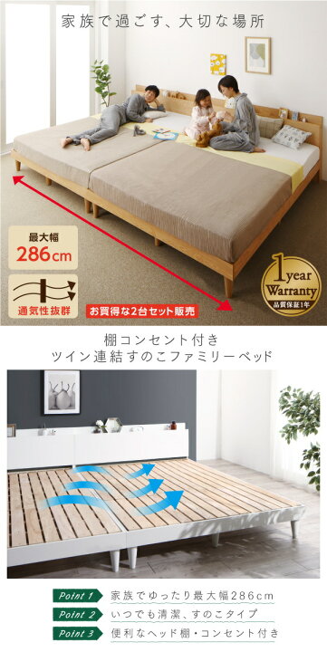 楽天市場】棚コンセント付き ツイン連結すのこファミリーベッド Famine 