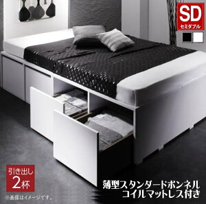 衣装ケースも入る大容量デザイン収納ベッド SCHNEE シュネー 薄型スタンダードボンネルコイルマットレス付き 引出し2杯 セミダブル    「耐荷重600kg 超頑丈設計 奥行3段階に調節可 スマ