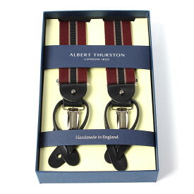 英国製　イギリス製　サスペンダー メンズ 紳士 男性用 牛革(レザー) 本革 革　Y型 35ミリ幅 　サスペンダー ALBERT THURSTON アルバートサーストン　ブレイシーズ ゴムタイプ　ストライプ　ワイン 2ウェイ　吊革・クリップ両用