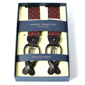 英国製　イギリス製　サスペンダー メンズ 紳士 男性用 牛革(レザー) 本革 革　Y型 35ミリ幅 　サスペンダー ALBERT THURSTON アルバートサーストン　ブレイシーズ ゴムタイプ　小紋柄　ワイン 2ウェイ　吊革・クリップ両用