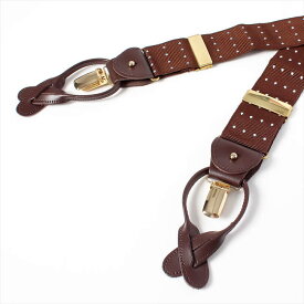 英国製　イギリス製　サスペンダー メンズ 紳士 男性用 牛革(レザー) 本革 革 フォーマル　Y型 40ミリ幅 　サスペンダー ALBERT THURSTON アルバートサーストン　ドット柄　水玉　ブラウン　 2ウェイ　吊革・クリップ両用