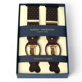 ALBERT THURSTON アルバートサーストン サスペンダー ピンドット柄 Y型 35mm 2way レザーエンドタイプ クリップ メンズ 英国産 イギリス ブランド 結婚式 冠婚葬祭 礼装 パーティー フォーマル シンプル おしゃれ かっこいい ブラウン yama-at-2313-br