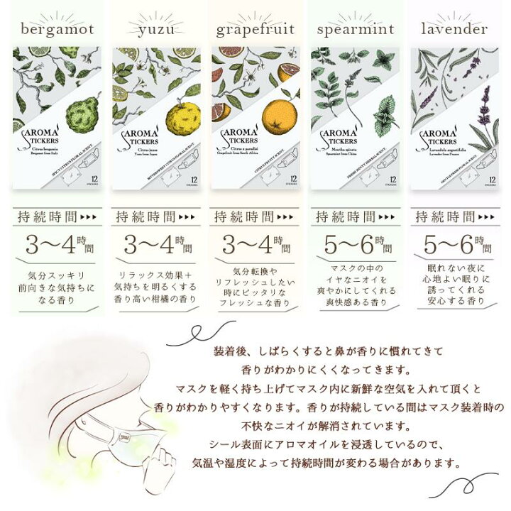 楽天市場】 マスクに貼るアロマ Aromastickers （ アロマスティッカーズ ） 〔 Ｙｕｚｕ （ ゆず ） 〕１２枚入り : アロマ ＆  ビューティー ネロリ