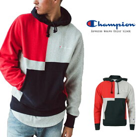 [残りわずか/Sサイズのみ]チャンピオン パーカー プルオーバー フーディー Champion Reverse Weave Color block Pullover Hood S3370 Oxford Gray BLOCK COLOR Red Navy リバースウィーブ カラーブロック プルオーバー スウェット 秋冬 メンズ 男性 USA企画