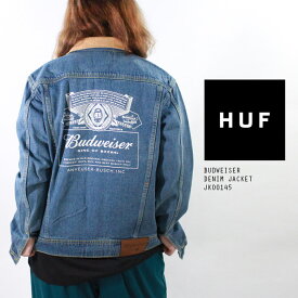 [残りわずか/Sサイズのみ] ハフ × バドワイザー デニムジャケット Gジャン HUF BUDWEISER DENIM JACKET JK00145 ハフ スケート スケーター SB スケートボード ビール ユニセックス 女性 小さいサイズ