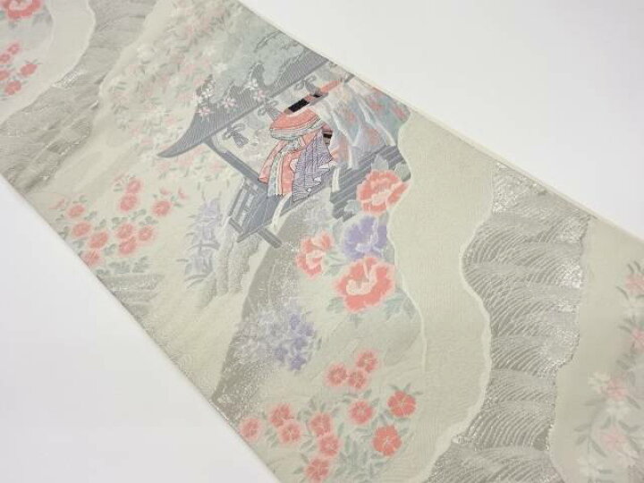 楽天市場】九百錦プラチナ箔屋敷に人物・几帳・花々模様織出し袋帯 