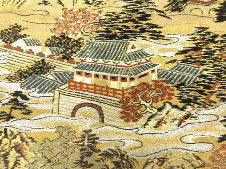 未使用品 手織り紬 家屋風景模様名古屋帯【着】 芽吹き