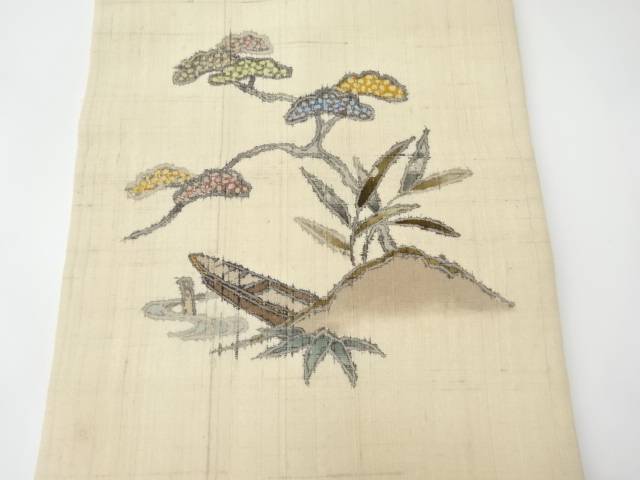 笹に花模様 刺繍 袋帯