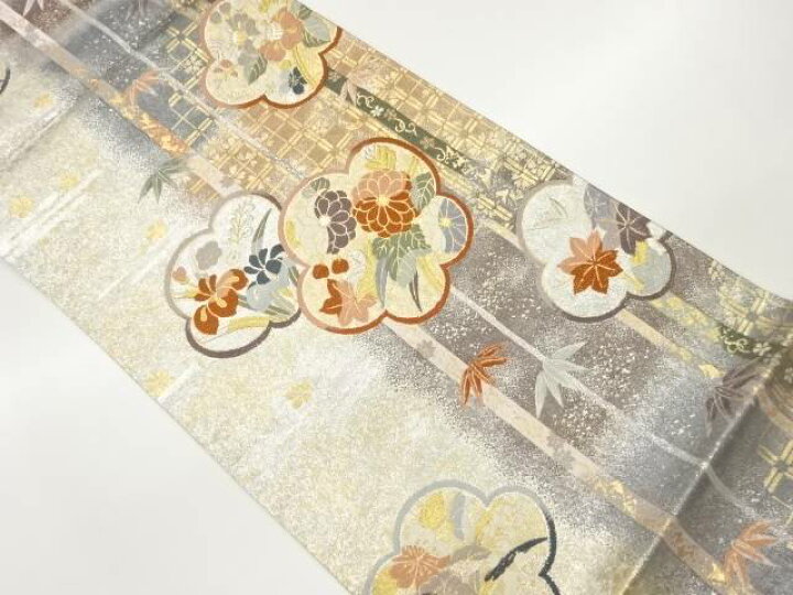 楽天市場】梅に花々・格子模様織出し袋帯【中古】【着】【sp_off 