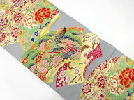 地紙に尾長鳥・牡丹・菊・枝梅模様織り出し袋帯（材料）【アンティーク】【中古】【着】