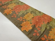手織り紬抽象花葉模様織出し名古屋帯【中古】【着】