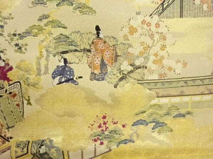 丸帯 美品 逸品 雲間源氏屏風絵 本金箔 金色 正絹 中古 FN12221y 着物 正絹
