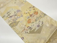 九百錦切り嵌め風和楽器・孔雀に花々模様織出し袋帯【中古】【着】【袋帯】