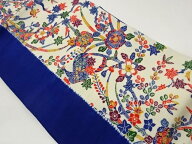 縮緬地型染抽象孔雀に草花模様名古屋帯【中古】【着】【名古屋帯】