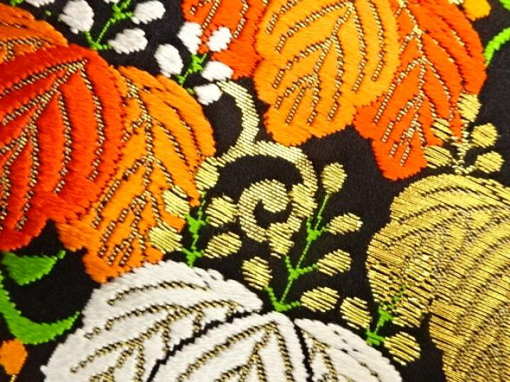 染名古屋帯』越後型 芙蓉唐草 グレー 美品 型染袋帯 花唐草織