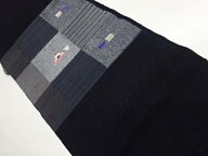 手織り紬格子に抽象模様織出し名古屋帯【中古】【着】【名古屋帯】