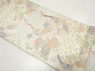 佐賀錦　孔雀に牡丹・菊模様織り出し　袋帯【中古】【着】【袋帯】