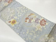 切りばめ風　丸文に鳳凰・草花・荒波模様織り出し袋帯【中古】【着】【袋帯】