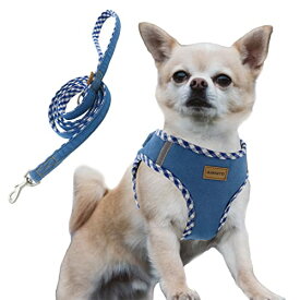 Aiminto デニム犬用ハーネス＆リードセット、通気性の高いメッシュ素材、軽量、ハーネス胸元に反射材付き - 猫や小型犬用 (XXXSサイ