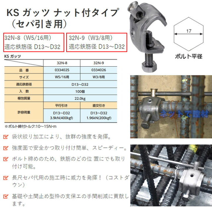 楽天市場】KSガッツ 32N-8 N-9 ナット付タイプ 100個セット 国元  