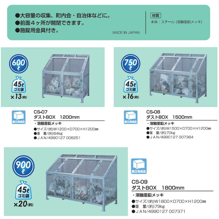 楽天市場】ダストBOX-S ワイドタイプ CS-30 1台 SANKA 450L 溶融亜鉛 
