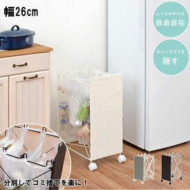 【Alex】　幅26 奥行40 高さ60.5cm 目隠し分別ダストワゴン 3分別ゴミ箱 ごみ箱 ダストボックス レジ袋 ビニール袋 ポリ袋 キャスター付き キッチン 台所 分別 ホワイト ブラック 白 黒 モノトーン シンプル おしゃれ
