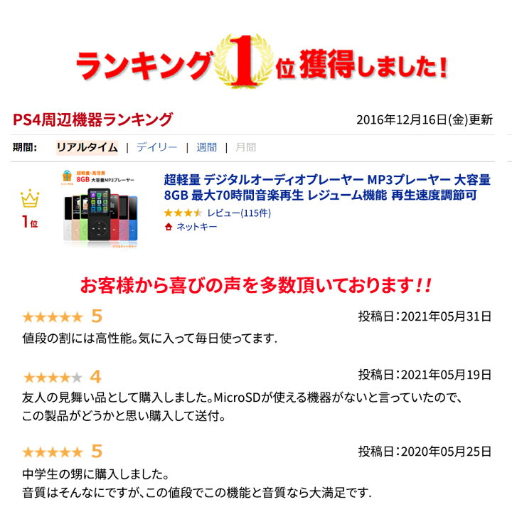 楽天市場 超軽量 デジタルオーディオプレーヤー Mp3プレーヤー 大容量8gb 最大70時間音楽再生 レジューム機能 再生速度調節可 音楽 動画 写真再生 音声録音 Fmラジオ 電子ブック カレンダー アラーム ストップウォッチ機能 Microsdカード対応 メール便送料無料