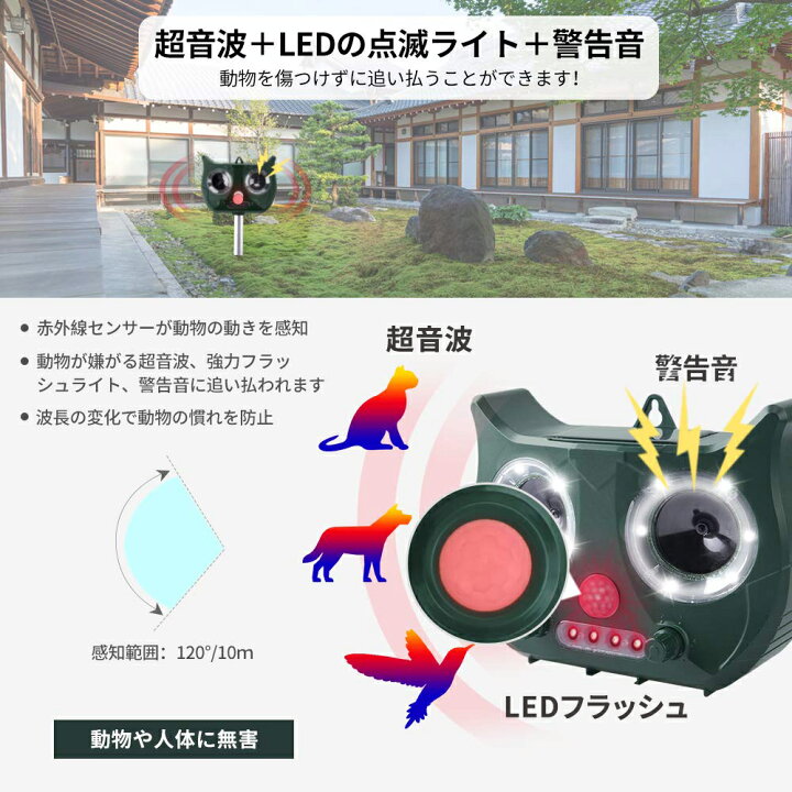 楽天市場 猫よけ 猫撃退 超音波 動物撃退器 超音波 Led強光フラッシュ 警告音 駆除効果がより一層パワーアップ ソーラー式 野良犬 猫退治 ねずみ撃退 鳥追い払う 太陽光充電とusb充電 天候に合わせて充電方法を選ベる ネットキー
