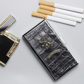 S'FACTORY エスファクトリー メタルシガレットケース 12本タイプ ブラック クロコダイルレザー（ワニ革） ロング レザー 革 本革 10本以上収納 タバコ入れ 喫煙具