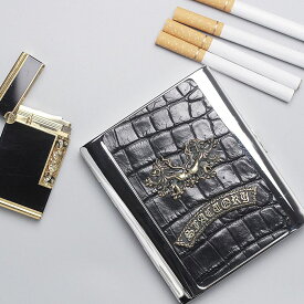 S'FACTORYエスファクトリー メタル シガレットケース 20本タイプ ブラック クロコダイル（ワニ革） ロング レザー 革 10本以上収納 鰐 タバコ 喫煙具