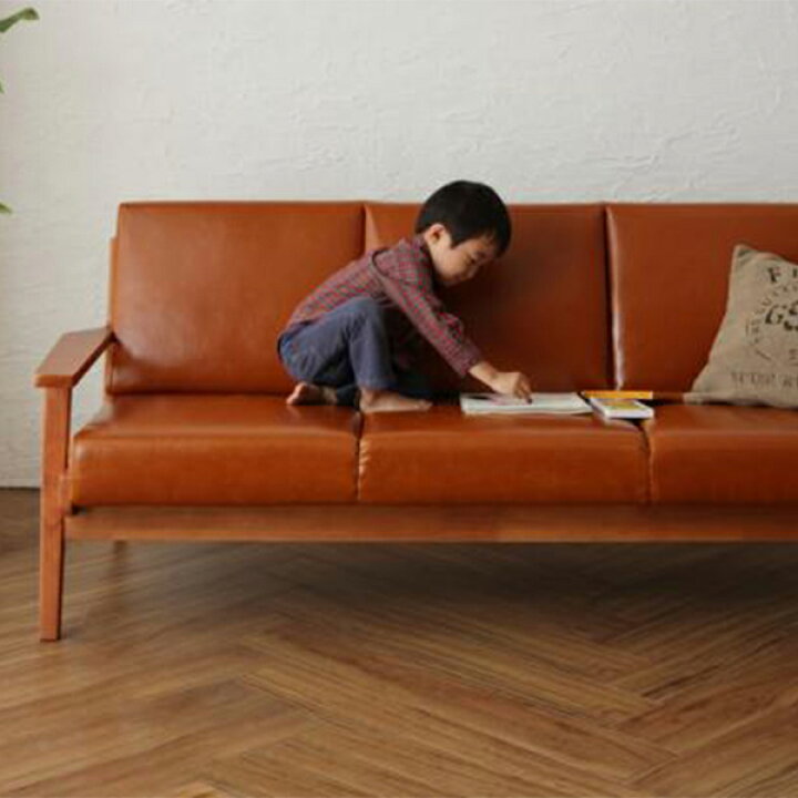 ダークブラウン スティンガー 3P 北欧デザイン木肘レザーソファ 