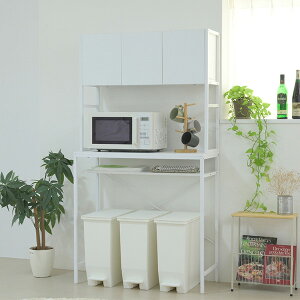 ゴミ箱上収納 ラック キッチン 隙間収納 幅92 奥行40 高さ170 レンジ台 ラック 大型レンジ対応 ゴミ箱収納 レンジラック 作業台 扉付き 木製 ホワイト ブラウン