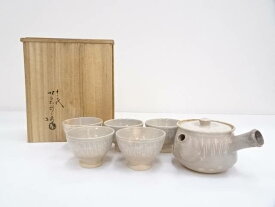 【陶芸・陶器】萩焼　十二代坂倉新兵衛造　三島手番茶器セット（共箱）【送料無料】[中古 和食器 茶器 和食 番茶器揃え 急須 湯呑 料亭 旅館 カフェ 料理 居酒屋 おしゃれ 来客]