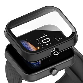 For Amazfit Bip 3/Bip 3 Pro ケース カバー ガラスフィルム 一体型 Ubefuu 全面保護 高透過率 高感度タッチ 軽量 衝撃吸収 指紋防止 防水防塵 ブラック