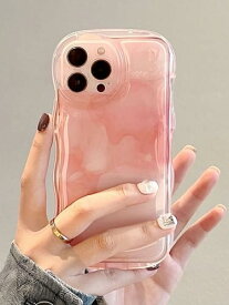 saymi ピンク ウェーブ おしゃれ 韓国 iPhone12 ケース ほんのり透け感 桃のような色味が可愛い ぷっくりケース マーブル模様 うるつや 手にフィット (iPhone12)