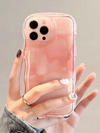 saymi ピンク ウェーブ おしゃれ 韓国 iPhone13 ケース ほんのり透け感 桃のような色味が可愛い ぷっくりケース マーブル模様 うるつや 手にフィット (iPhone13)