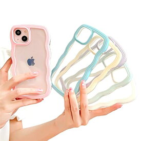 saymi ウェーブ デザイン 韓国 iPhone15 ケース パステルカラー 全6色 波型フレーム おしゃれ 透明 クリア 可愛い くすみカラー うねうね なみなみ 手にフィット (iPhone15, ライトブルー)