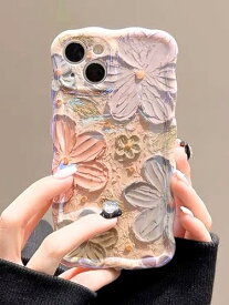 saymi s 花柄 ウェーブ 韓国 iPhone15 ケース まるで立体的 3D風 プリント 手にフィット おしゃれ うねうね なみなみ 可愛い オーロラカラー つや感 油絵風 パステル デザイン (iPhone15)