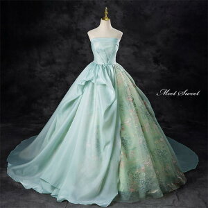 カラードレス グリーン ベアトップ オーガンジー 刺繍 ウェディングドレス ロングドレス 結婚式 二次会 演奏会 発表会 ステージドレス ウエディングドレス