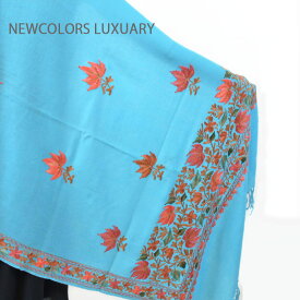 ゴージャス手刺繍インド製　パシュミナ　カシミール刺繍入ストール ウール　100％　ショール　ブルー