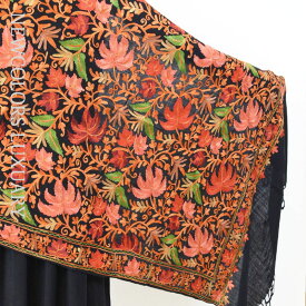 ゴージャス手刺繍インド製　パシュミナ　カシミール刺繍入ストール ウール　100％　ショール　ブラック
