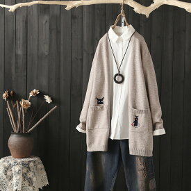 【送料無料】レディースファッション カレッジスタイル かわいい2ポケットセーター 猫の刺繍 無地 ミドル丈セーター レディースジャケット