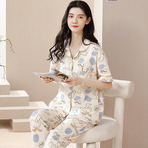 パジャマ レディース 夏用 半袖長ズボン 綿 上下セット 前開き ポケット付き ルームウェア カジュアル 可愛い アヒル イラスト 大きいサイズ セパレート M/L/XL/2XL ゆったり リラックス 薄手