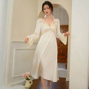 パジャマ ネグリジェ セクシー 長袖 ロング アイスシルク ネグリジェ V ネック ホームドレス 女性 プリンセススタイル ナイトガウン ルームウェア レディース ワンピース 部屋着 寝巻き S M L