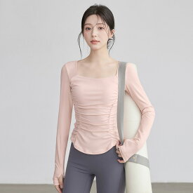 レディース ヨガウェア 長袖 美しいバックデザイン スリムフィット フィットネストップス ウエストギャザー ストレッチ スポーツウェア 胸パッド付き ピラティス おしゃれ カジュアル スポーティー 伸縮性 通気性