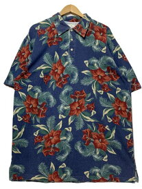 00s L.L.Bean Cotton S/S Polo Shirt 紺 XL-TALL エルエルビーン 半袖 ポロシャツ ハイビスカス 総柄 ネイビー 古着 【中古】