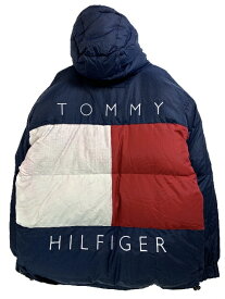 90s TOMMY HILFIGER "BIG FLAG" Down Jacket 紺 XL トミーヒルフィガー ダウンジャケット ビッグフラッグ ロゴ 刺繍 トリコロール ネイビー 【中古】